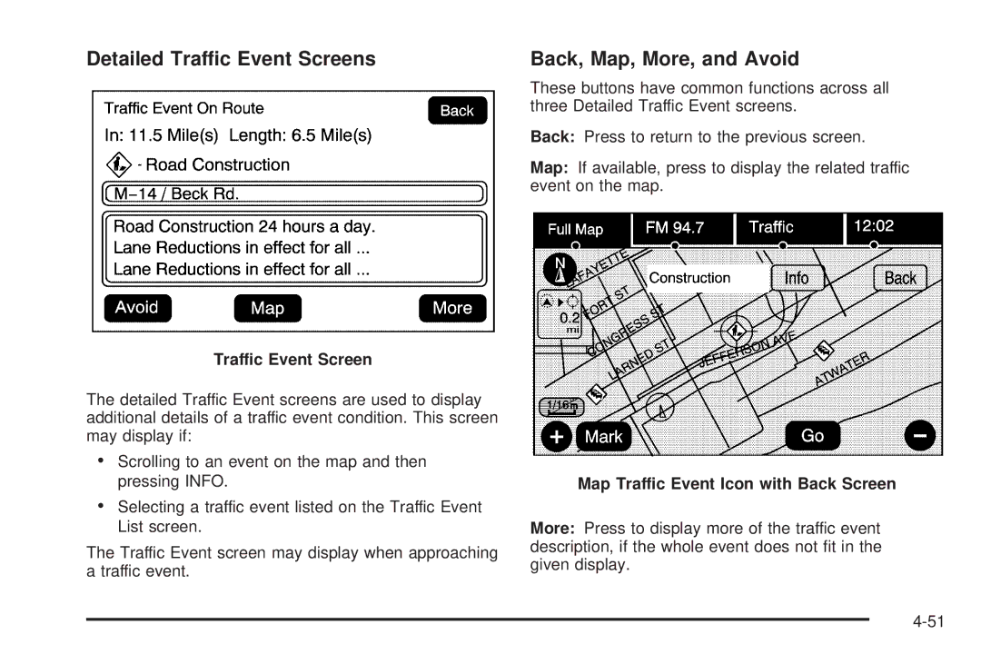 Cadillac 2009 Detailed Traffic Event Screens, Back, Map, More, and Avoid, Map Traffic Event Icon with Back Screen 