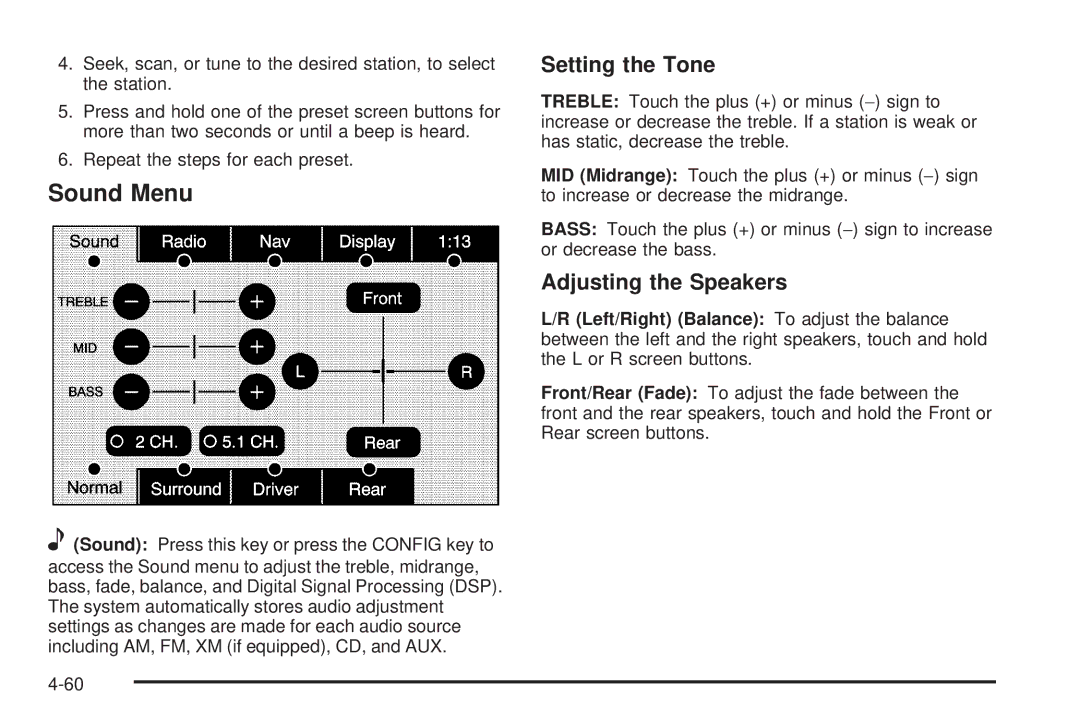 Cadillac 2009 owner manual Sound Menu, Setting the Tone, Adjusting the Speakers 