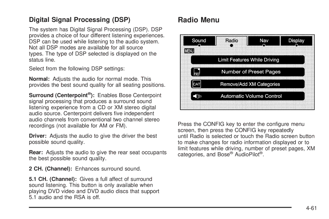 Cadillac 2009 owner manual Radio Menu, Digital Signal Processing DSP 