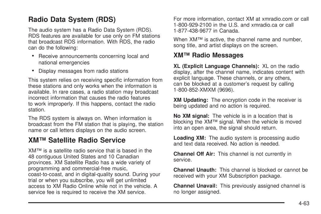 Cadillac 2009 owner manual Radio Data System RDS, XM Radio Messages 