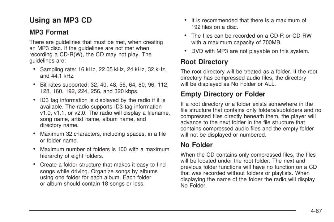 Cadillac 2009 owner manual Using an MP3 CD, MP3 Format, Root Directory, Empty Directory or Folder, No Folder 