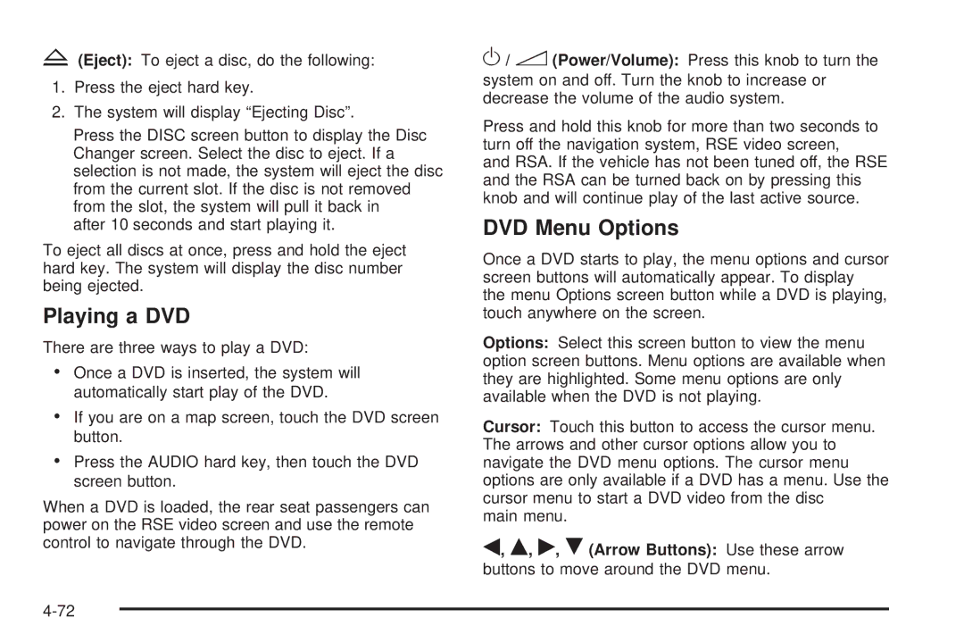 Cadillac 2009 owner manual Playing a DVD, DVD Menu Options 