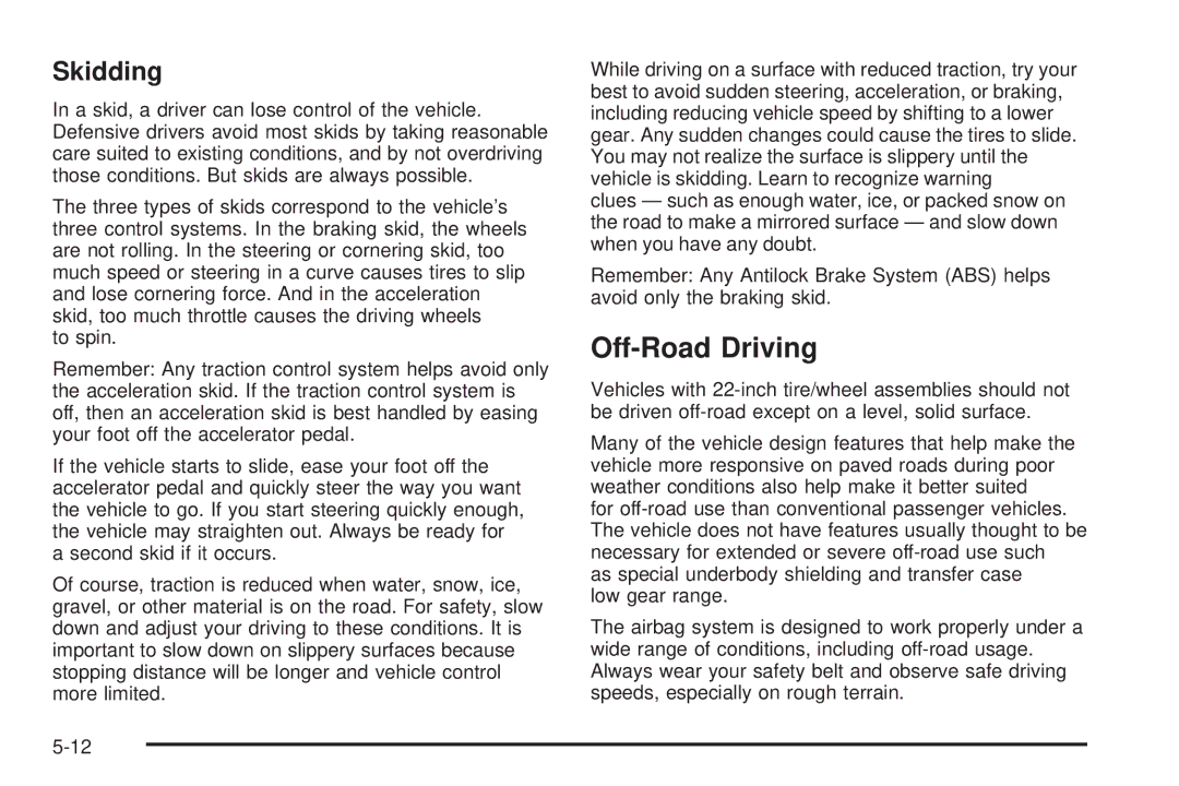 Cadillac 2009 owner manual Off-Road Driving, Skidding 