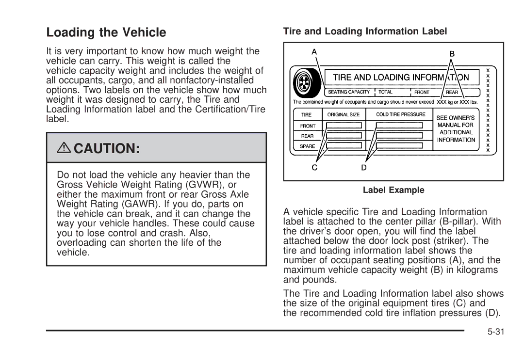 Cadillac 2009 owner manual Loading the Vehicle, Label Example 