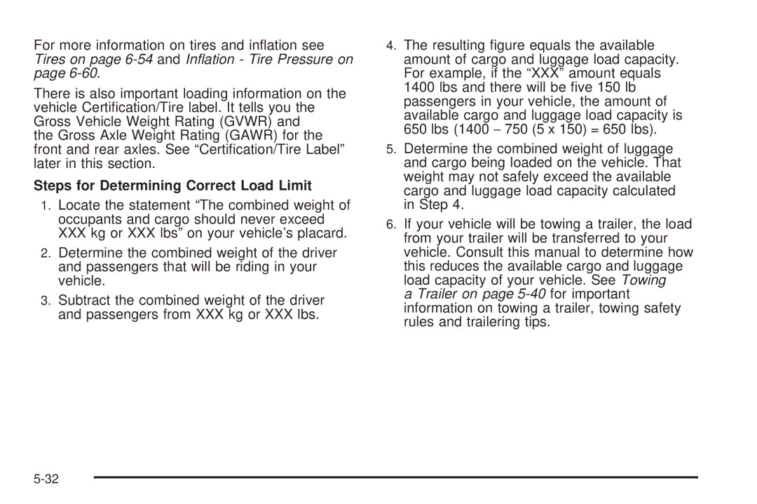 Cadillac 2009 owner manual Steps for Determining Correct Load Limit 