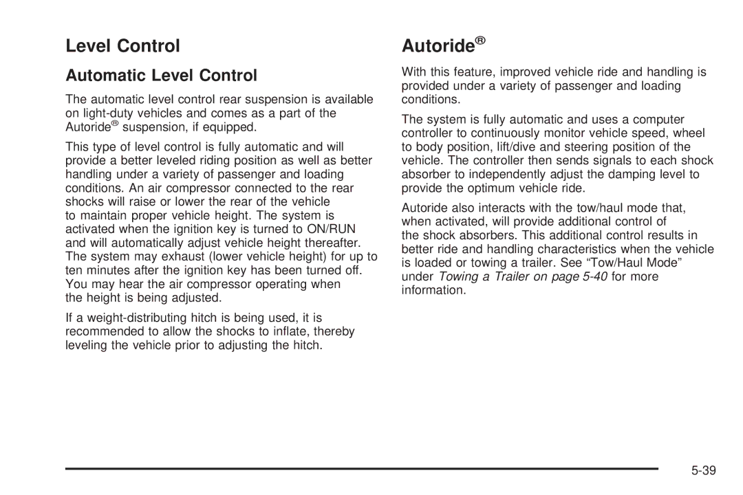 Cadillac 2009 owner manual Autoride, Automatic Level Control 