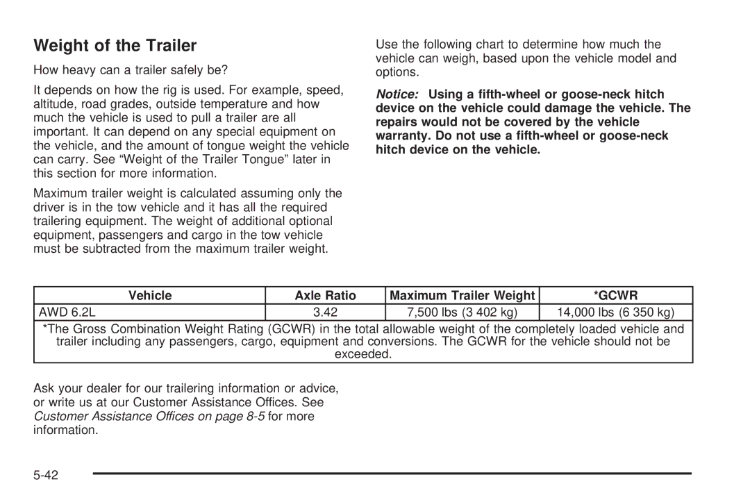 Cadillac 2009 owner manual Weight of the Trailer, Vehicle Axle Ratio Maximum Trailer Weight, AWD 6.2L 