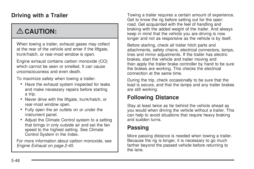 Cadillac 2009 owner manual Driving with a Trailer, Following Distance, Passing 