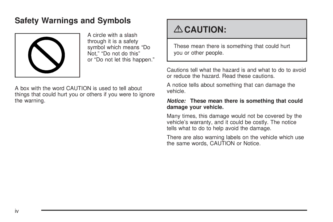 Cadillac 2009 owner manual Safety Warnings and Symbols 