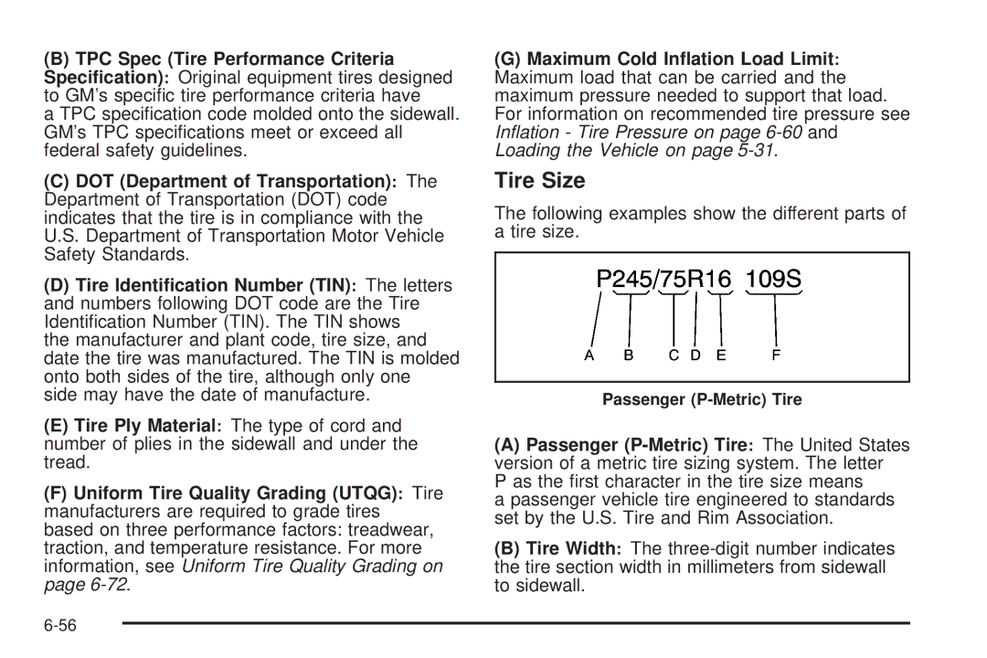 Cadillac 2009 owner manual Tire Size 