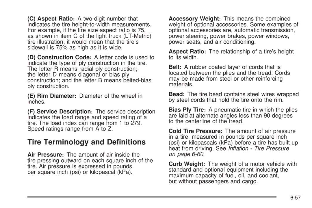 Cadillac 2009 owner manual Tire Terminology and Deﬁnitions 