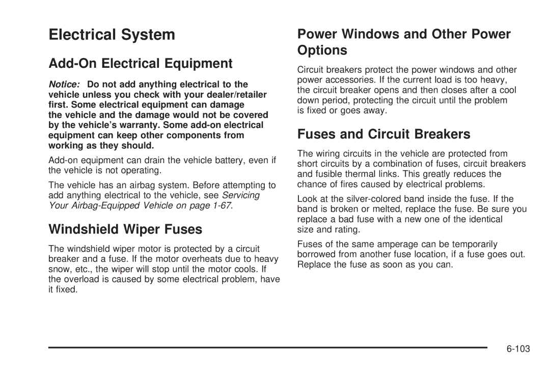 Cadillac 2009 Electrical System, Add-On Electrical Equipment, Windshield Wiper Fuses, Fuses and Circuit Breakers 