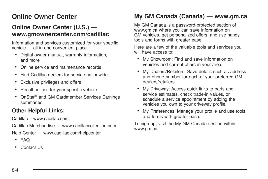 Cadillac 2009 owner manual Online Owner Center, Other Helpful Links 
