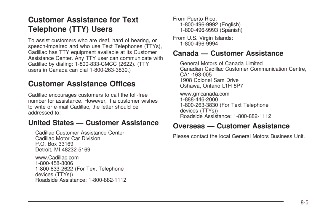 Cadillac 2009 Customer Assistance for Text Telephone TTY Users, Customer Assistance Offices, Canada Customer Assistance 