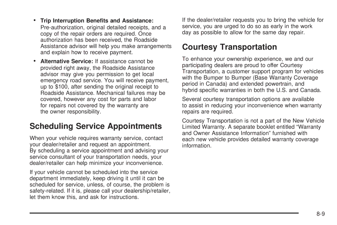 Cadillac 2009 owner manual Scheduling Service Appointments, Courtesy Transportation 