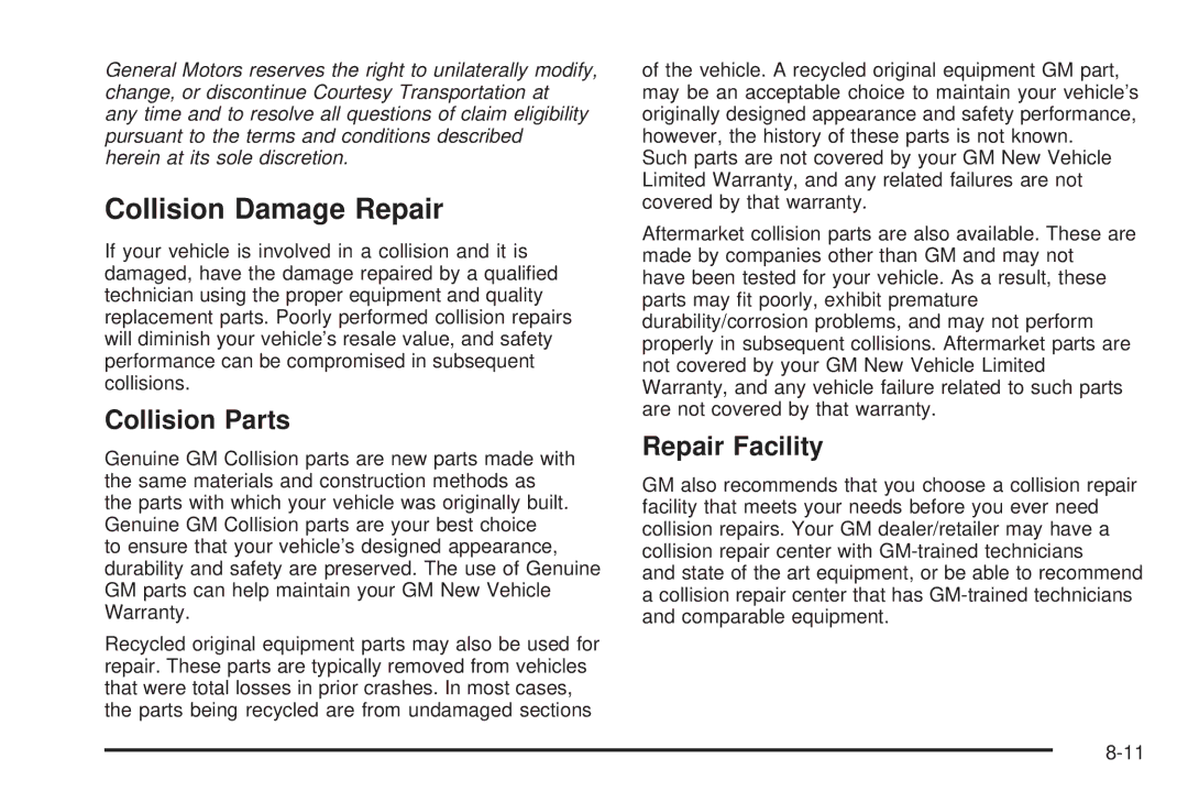 Cadillac 2009 owner manual Collision Damage Repair, Collision Parts, Repair Facility 