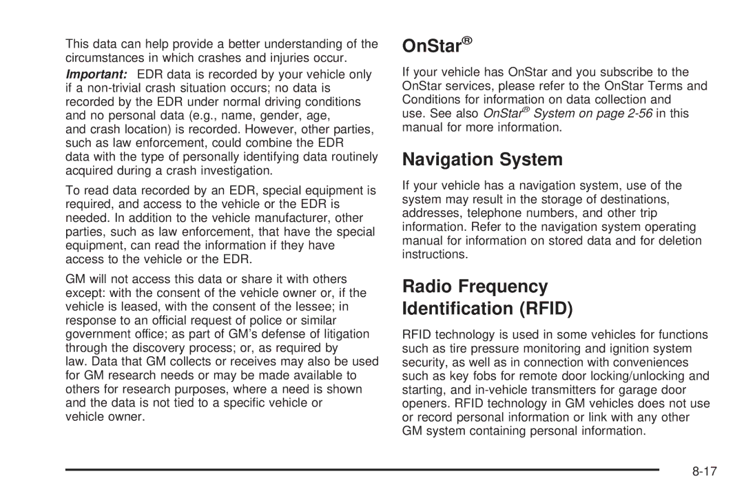 Cadillac 2009 owner manual OnStar, Navigation System, Radio Frequency Identiﬁcation Rfid 