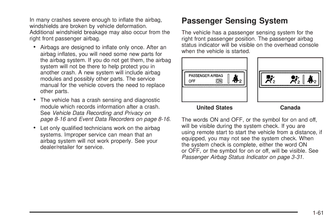 Cadillac 2009 owner manual Passenger Sensing System, United States Canada 