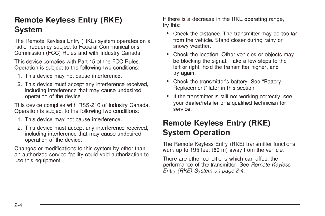 Cadillac 2009 owner manual Remote Keyless Entry RKE System Operation 