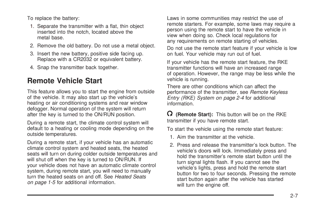 Cadillac 2009 owner manual Remote Vehicle Start 