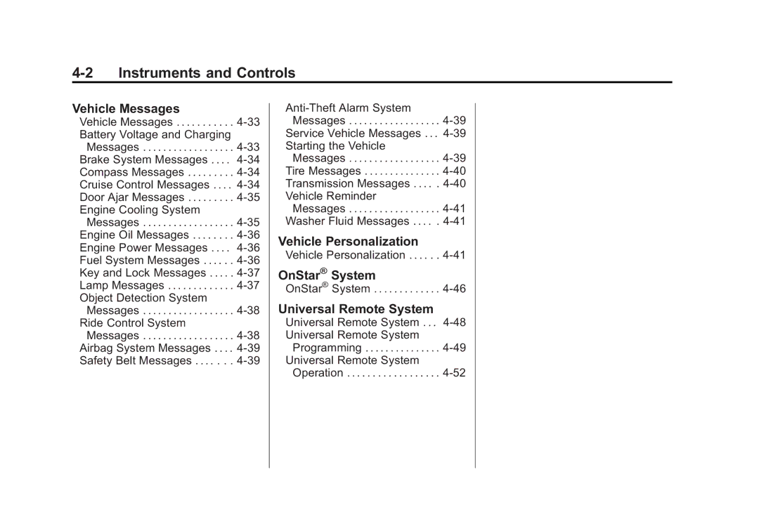 Cadillac 2010 owner manual Vehicle Messages, Vehicle Personalization, OnStar System, Universal Remote System 