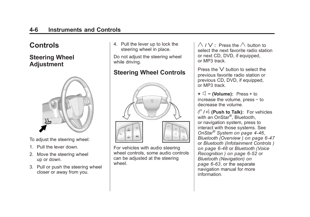 Cadillac 2010 owner manual Steering Wheel Adjustment, Steering Wheel Controls 