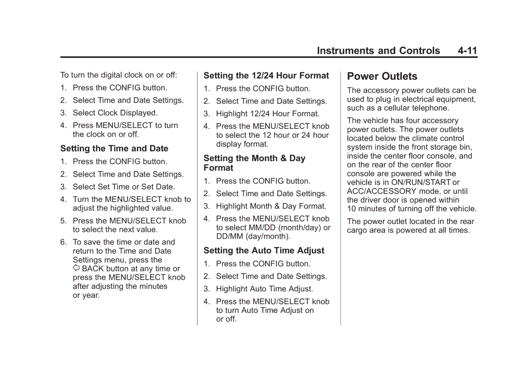 Cadillac 2010 Power Outlets, Setting the Time and Date, Setting the 12/24 Hour Format, Setting the Month & Day Format 