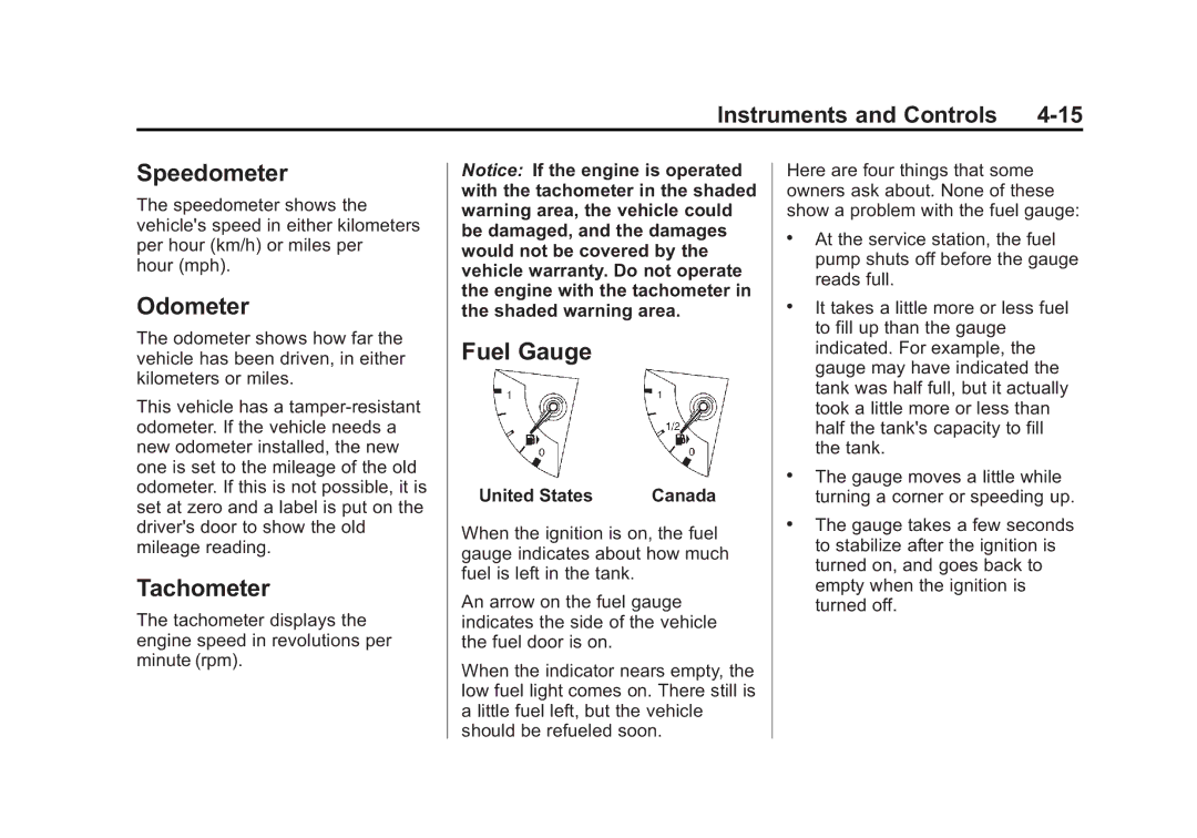 Cadillac 2010 owner manual Speedometer, Odometer, Tachometer, Fuel Gauge 
