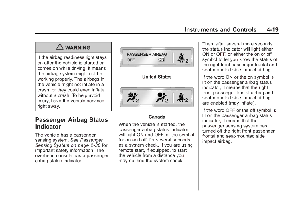 Cadillac 2010 owner manual Passenger Airbag Status Indicator 