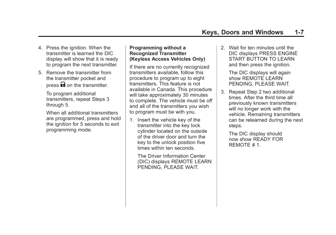 Cadillac 2010 owner manual Keys, Doors and Windows 