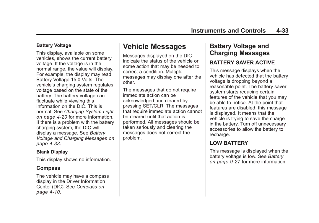 Cadillac 2010 owner manual Vehicle Messages, Battery Voltage and Charging Messages, Compass 