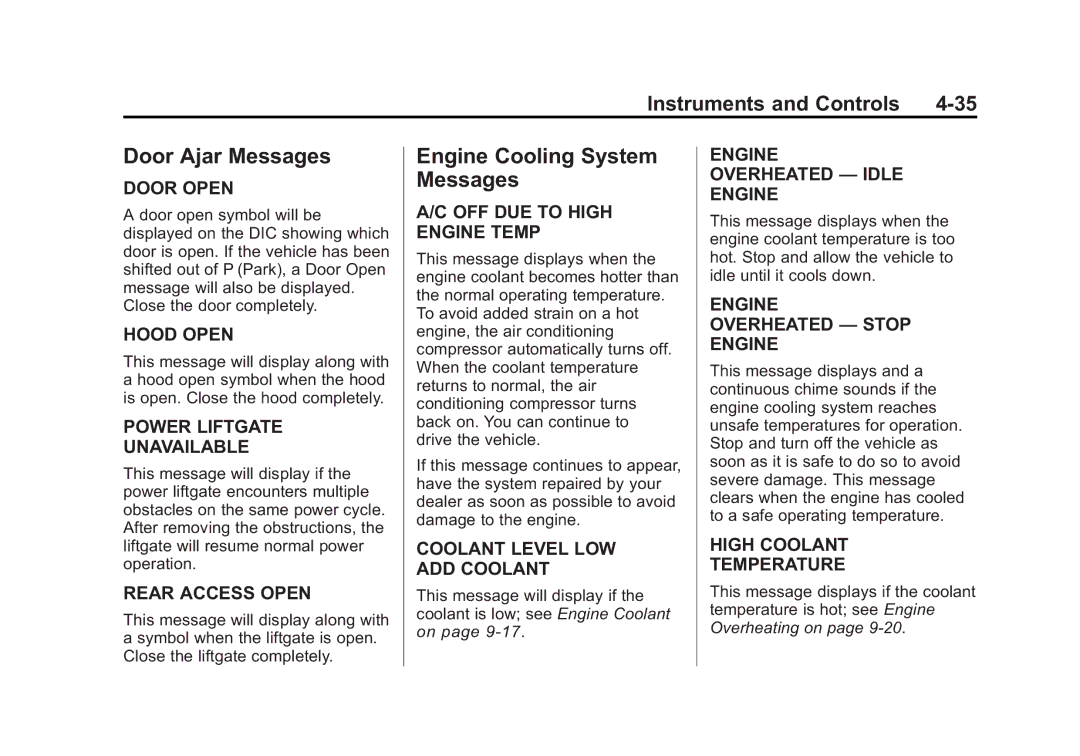 Cadillac 2010 owner manual Door Ajar Messages, Engine Cooling System Messages 