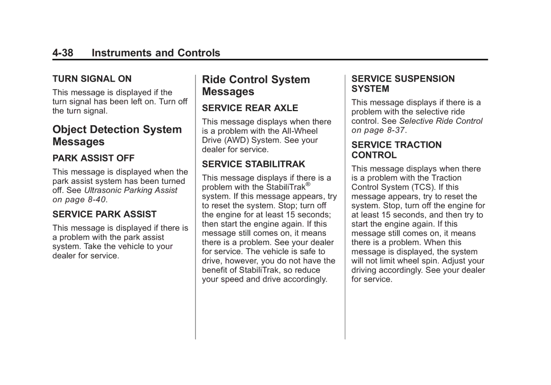 Cadillac 2010 owner manual Object Detection System Messages, Ride Control System Messages 