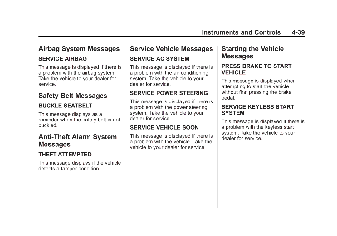 Cadillac 2010 Airbag System Messages, Safety Belt Messages, Anti-Theft Alarm System Messages, Service Vehicle Messages 