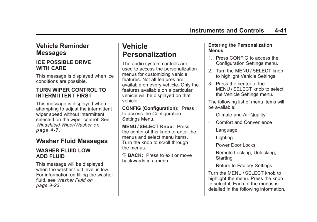 Cadillac 2010 owner manual Vehicle Personalization, Vehicle Reminder Messages, Washer Fluid Messages 