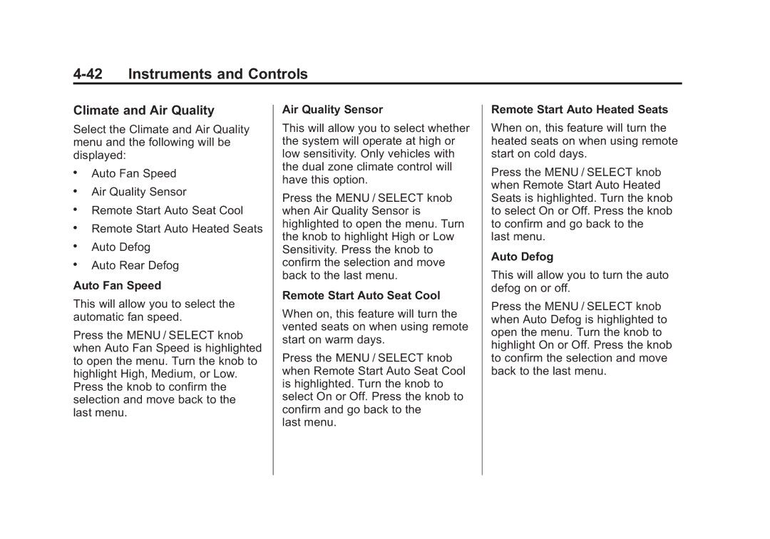 Cadillac 2010 owner manual Climate and Air Quality 