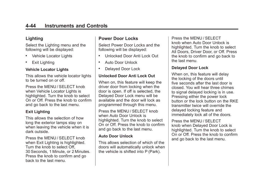 Cadillac 2010 owner manual Lighting, Power Door Locks 