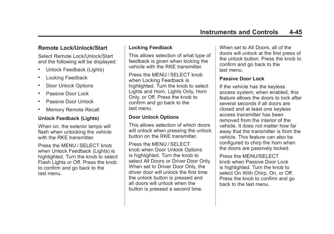 Cadillac 2010 Remote Lock/Unlock/Start, Unlock Feedback Lights, Locking Feedback, Door Unlock Options, Passive Door Lock 