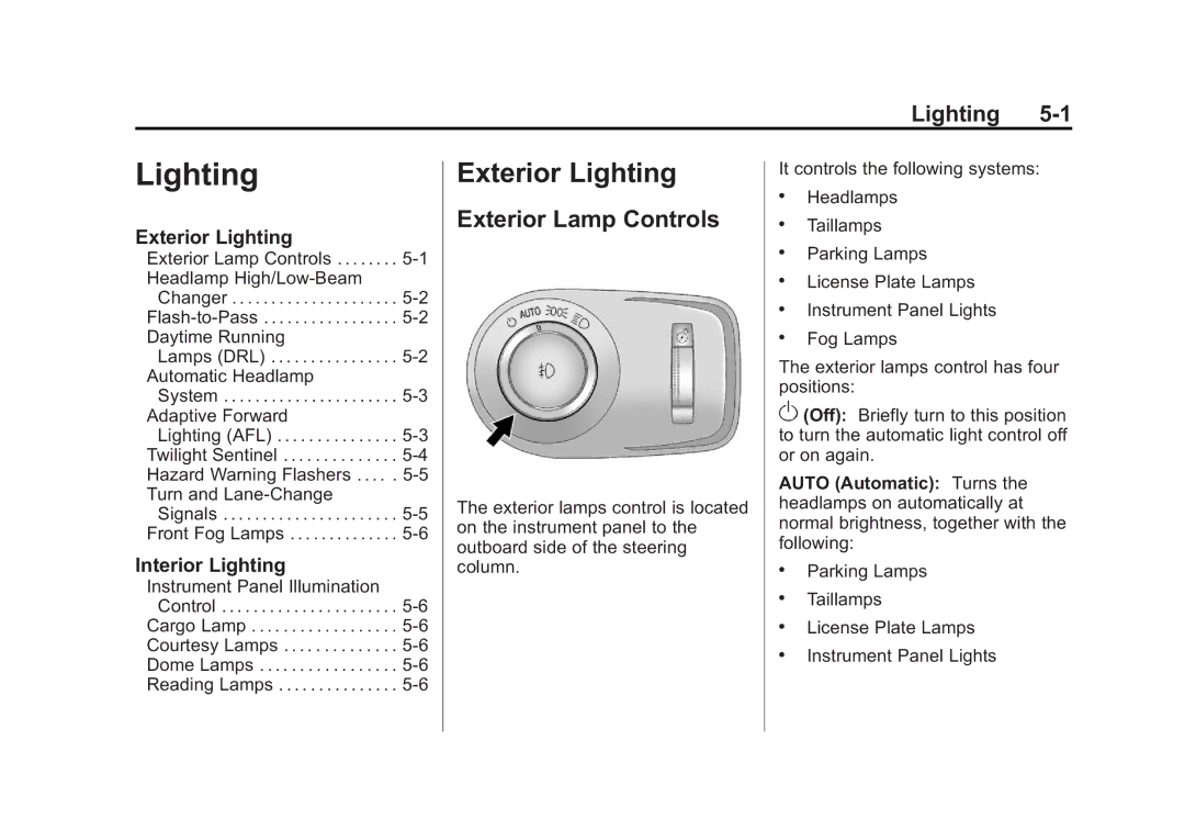 Cadillac 2010 owner manual Exterior Lighting, Exterior Lamp Controls, Interior Lighting 