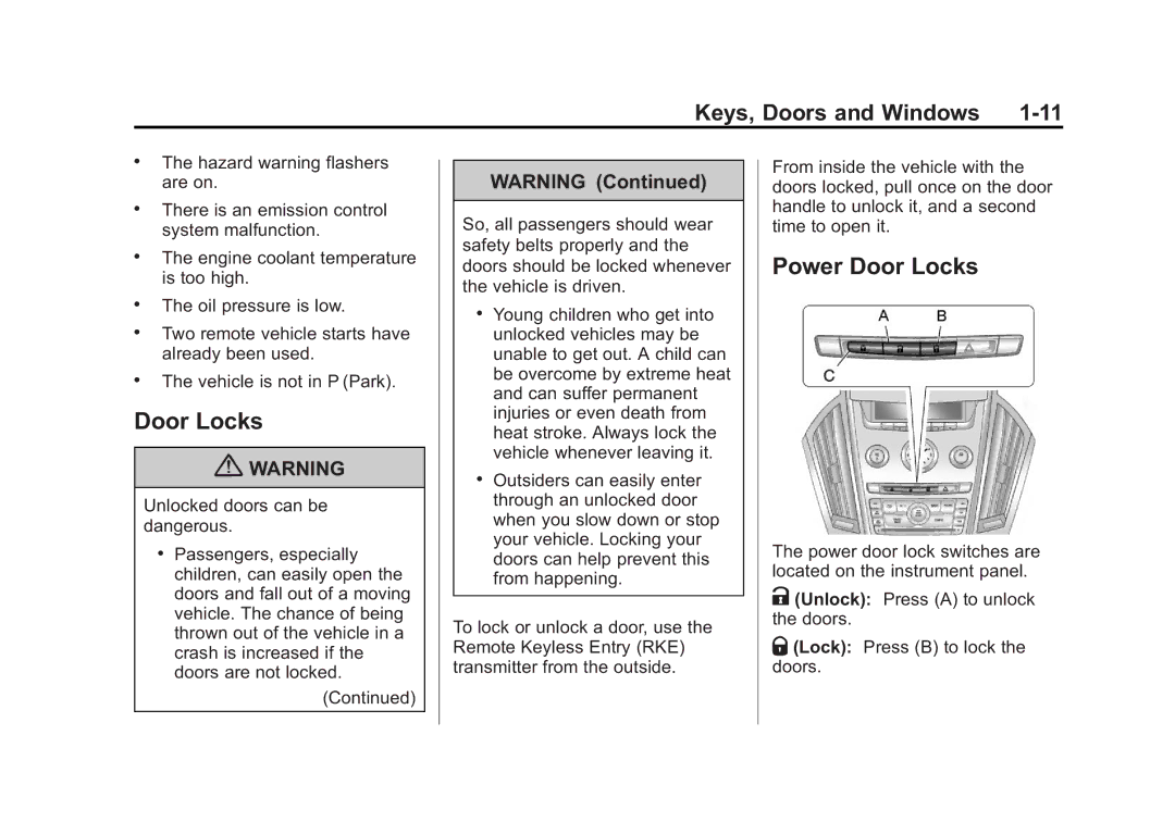 Cadillac 2010 owner manual Power Door Locks 