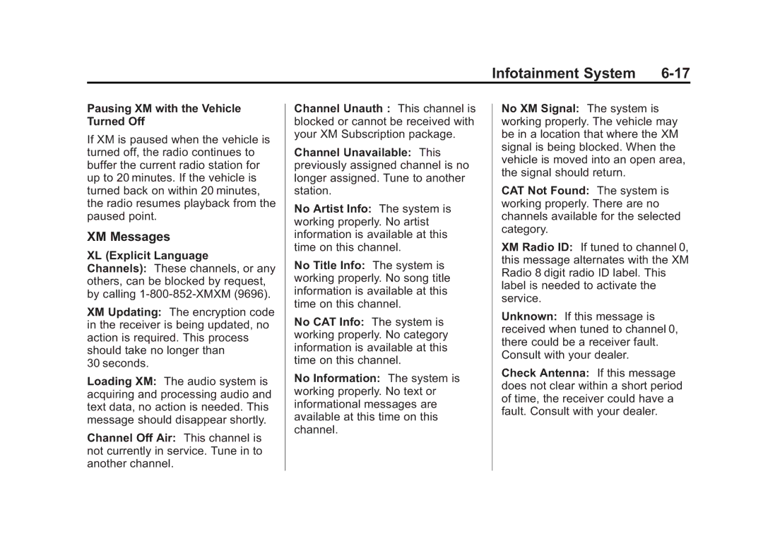 Cadillac 2010 owner manual XM Messages, Pausing XM with the Vehicle Turned Off, XL Explicit Language 