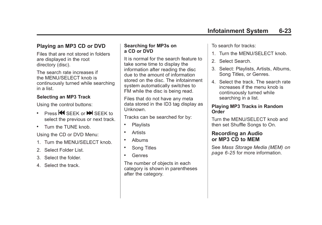 Cadillac 2010 owner manual Playing an MP3 CD or DVD, Recording an Audio or MP3 CD to MEM, Searching for MP3s on a CD or DVD 