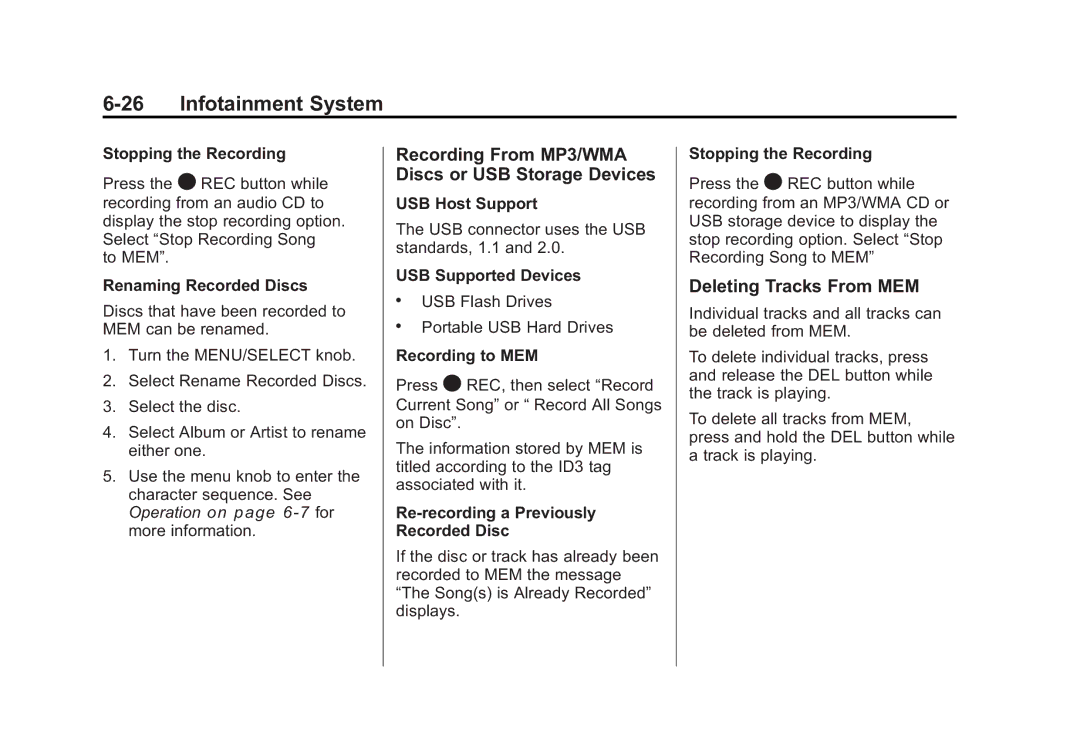 Cadillac 2010 owner manual Recording From MP3/WMA Discs or USB Storage Devices, Deleting Tracks From MEM 