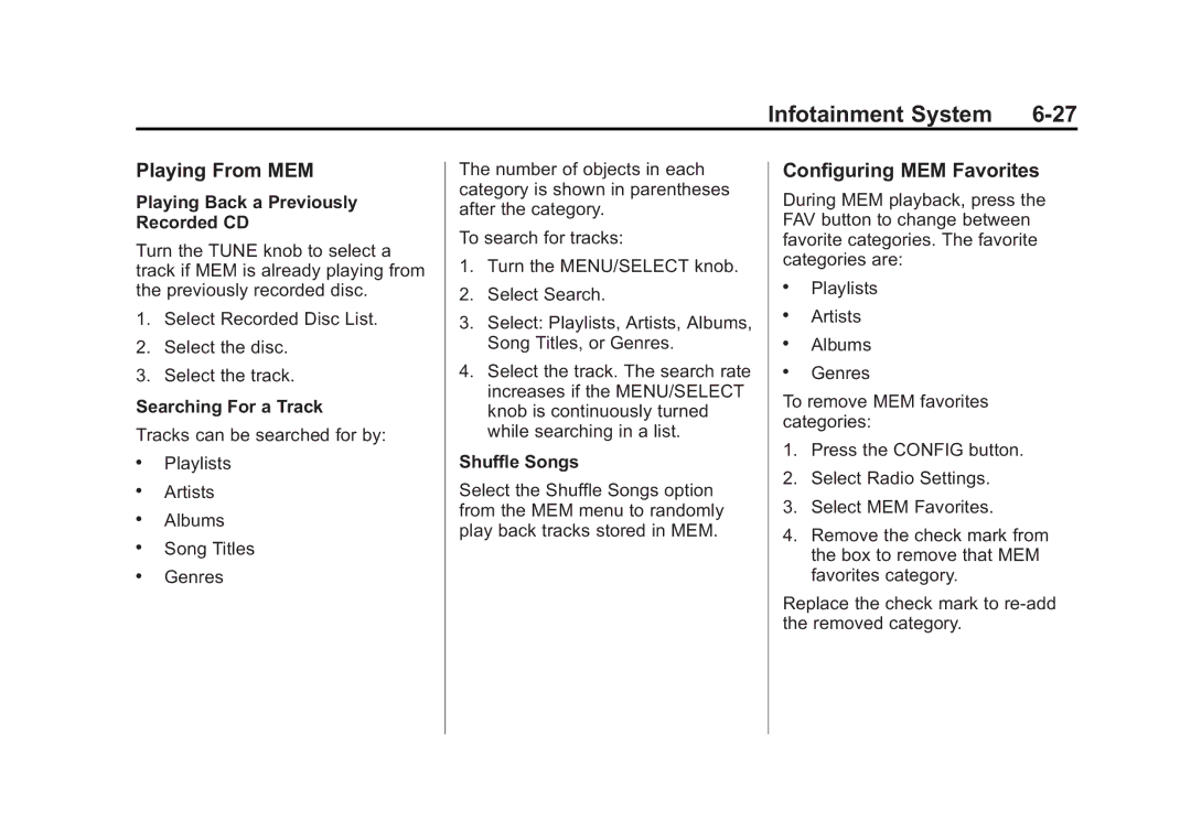 Cadillac 2010 Playing From MEM, Configuring MEM Favorites, Playing Back a Previously Recorded CD, Searching For a Track 