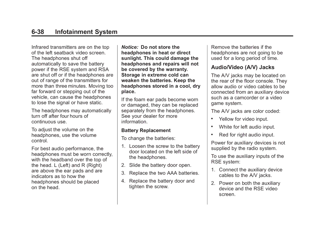 Cadillac 2010 owner manual Audio/Video A/V Jacks, Battery Replacement 