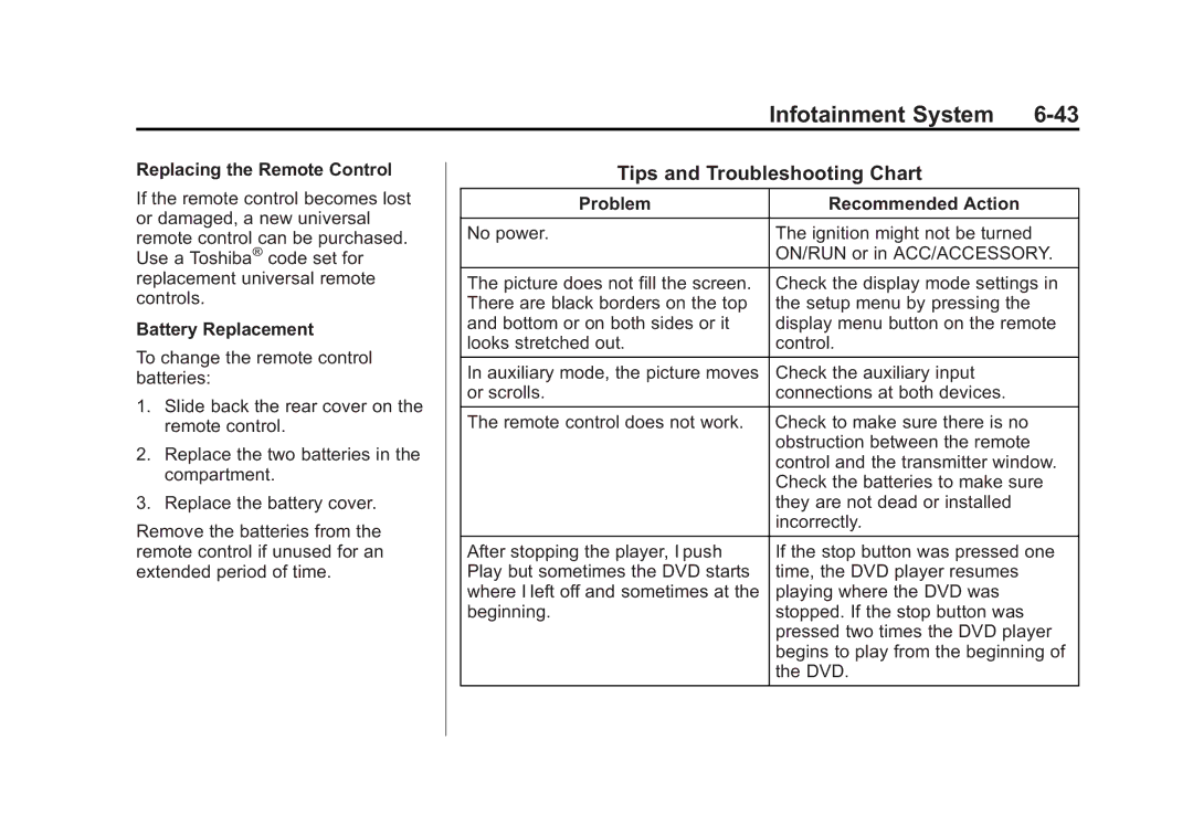 Cadillac 2010 owner manual Tips and Troubleshooting Chart, Replacing the Remote Control, Problem Recommended Action 