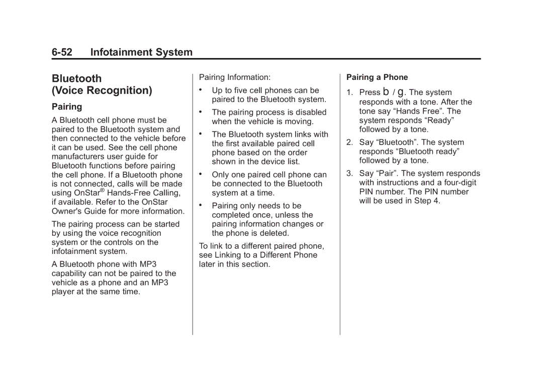 Cadillac 2010 owner manual Bluetooth Voice Recognition, Pairing 