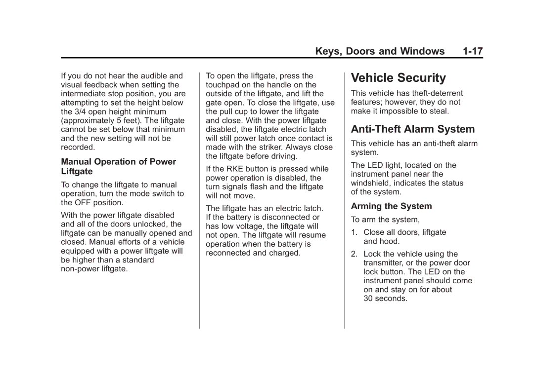 Cadillac 2010 owner manual Vehicle Security, Anti-Theft Alarm System, Manual Operation of Power Liftgate, Arming the System 