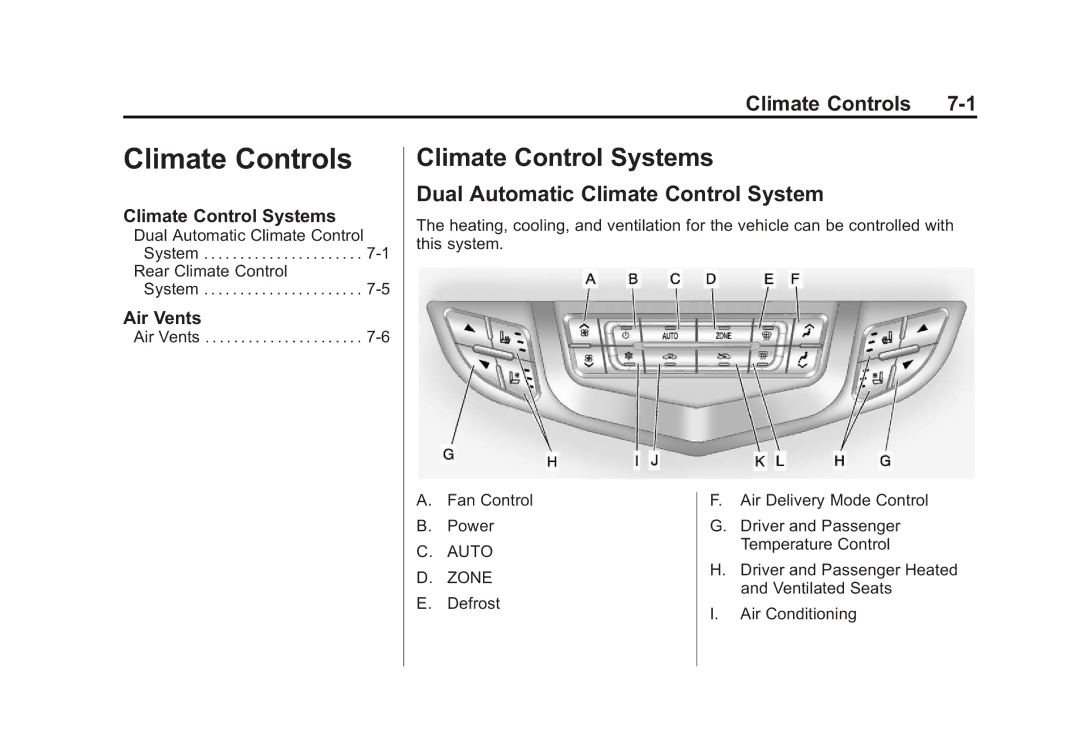 Cadillac 2010 owner manual Climate Control Systems, Dual Automatic Climate Control System, Air Vents 