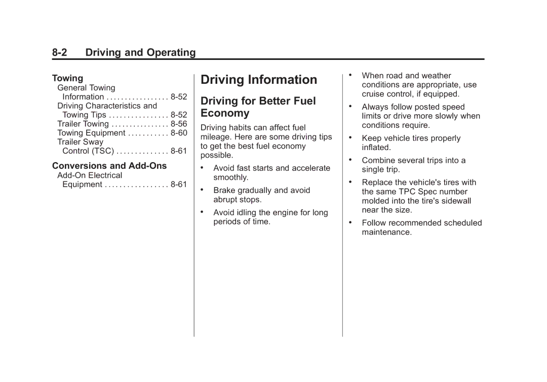 Cadillac 2010 owner manual Driving Information, Driving for Better Fuel Economy, Towing, Conversions and Add-Ons 